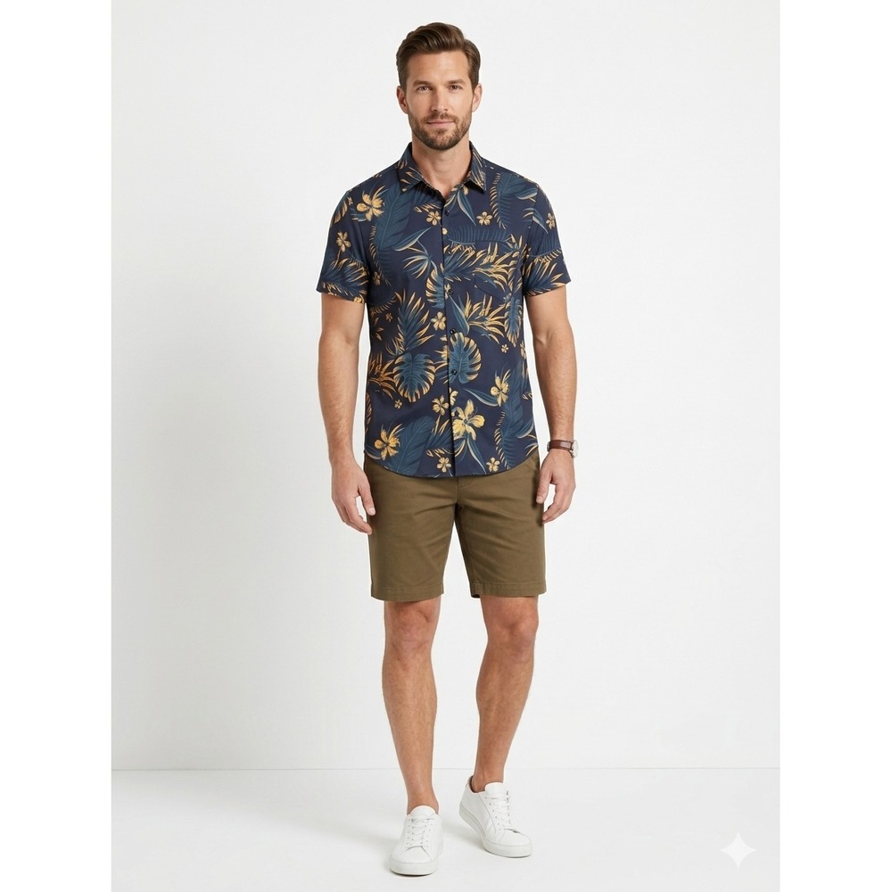Manfinity Button-Down Shirt Men XL‎ Blue Floral Short Sleeve Collared Hawaiian